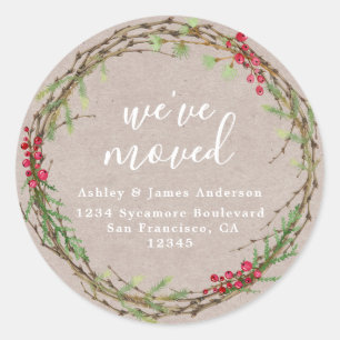 Rustic Kraft Wreath We’ve Moved Address Classic Round Sticker