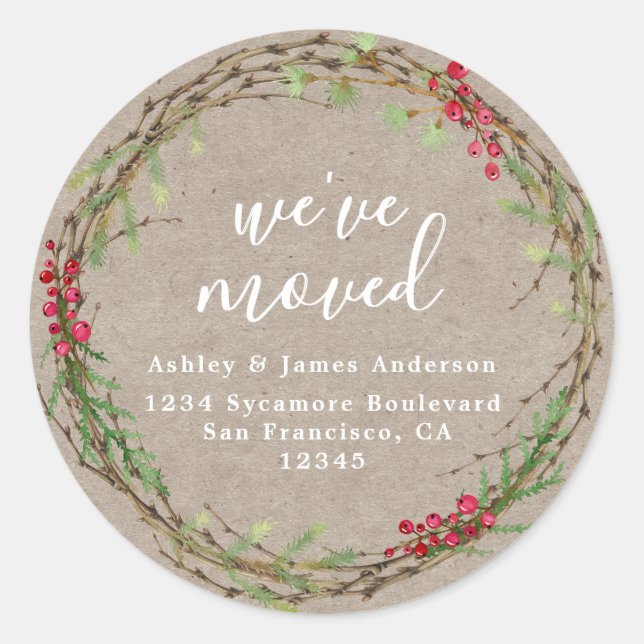 Rustic Kraft Wreath We’ve Moved Address Classic Round Sticker (Front)