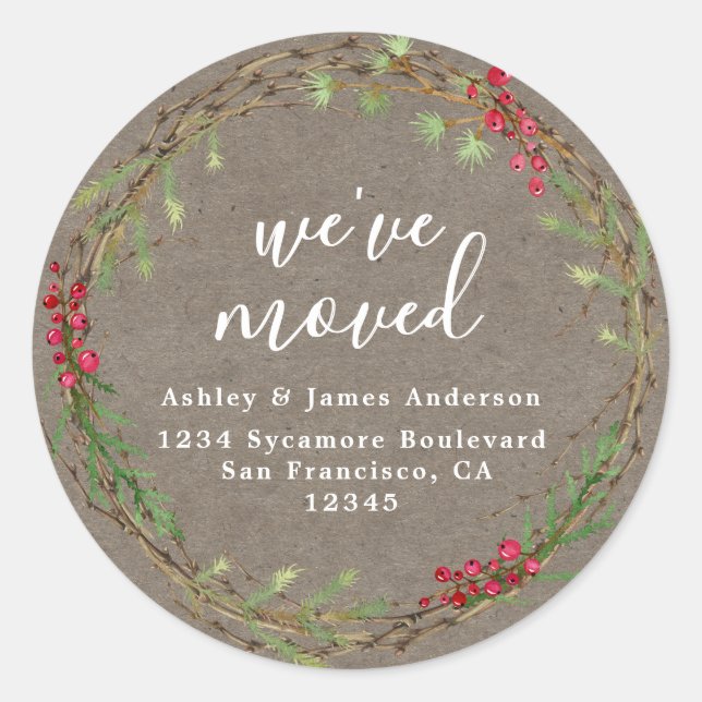 Rustic Kraft Wreath We’ve Moved Address Classic Round Sticker (Front)