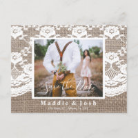 Rustic l Burlap and Lace Save the Date Postcard