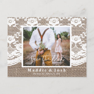 Rustic l Burlap and Lace Save the Date Postcard