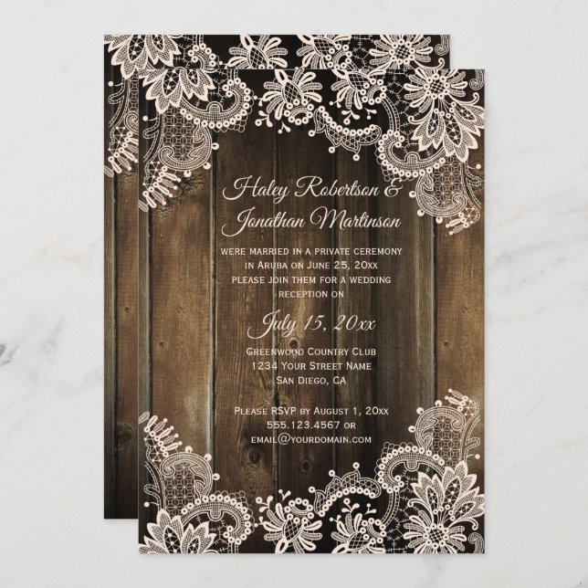 Rustic Lace and Barn Wood Reception Only Invitation (Front/Back)