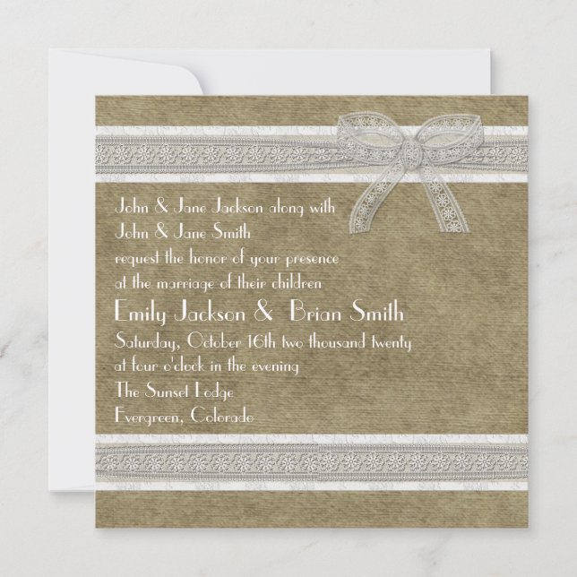 Rustic lace and burlap custom wedding invites (Front)