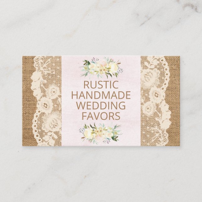 Rustic Lace And Burlap Handmade Wedding Favors Business Card (Front)