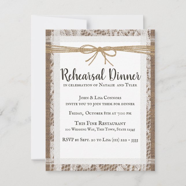 Rustic Lace and Burlap Rehearsal Dinner Invitation (Front)