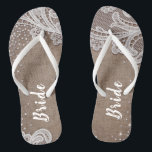 Rustic lace and burlap silver glitter bride thongs<br><div class="desc">Elegant white vintage lace and sparkle silver glitter on rustic burlap background. great bride gifts for bride in rustic wedding,  barn wedding and country wedding.
See all the matching pieces in collection.</div>