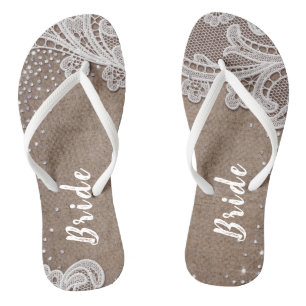 Rustic lace and burlap silver glitter bride thongs