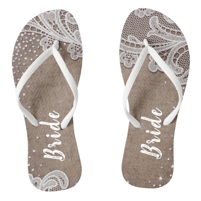 Rustic lace and burlap silver glitter bride thongs (Footbed)