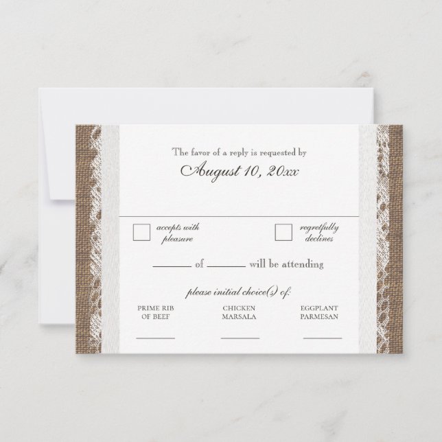 Rustic Lace and Burlap Wedding RSVP Dinner Select Card (Front)