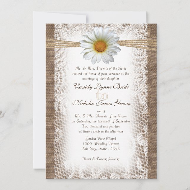 Rustic Lace and Burlap with Daisy like Gazania Invitation (Front)