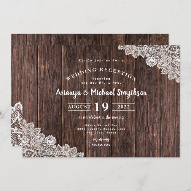 Rustic Lace and Dark Wood Wedding Reception only Invitation (Front/Back)