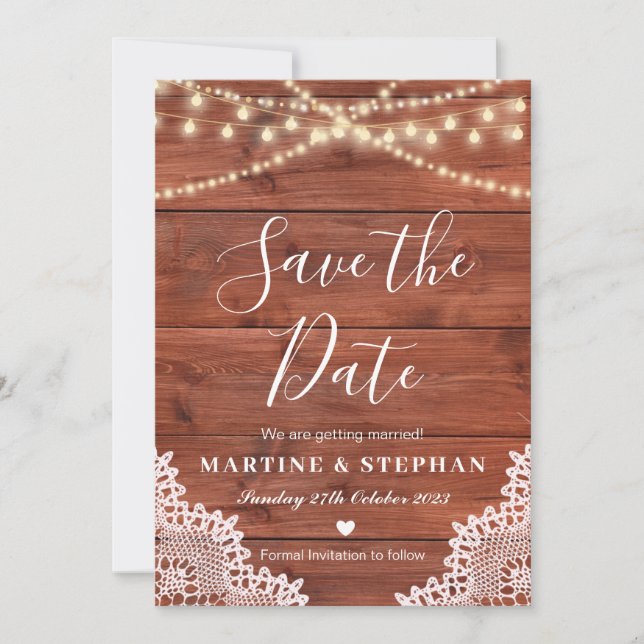 Rustic lace and fairy lights save the date invitation (Front)