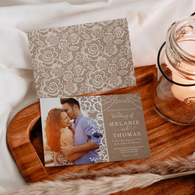 Rustic Lace and Kraft Photo Wedding Invitation (Creator Uploaded)