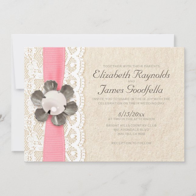 Rustic Lace and Pearls Wedding Invitations (Front)
