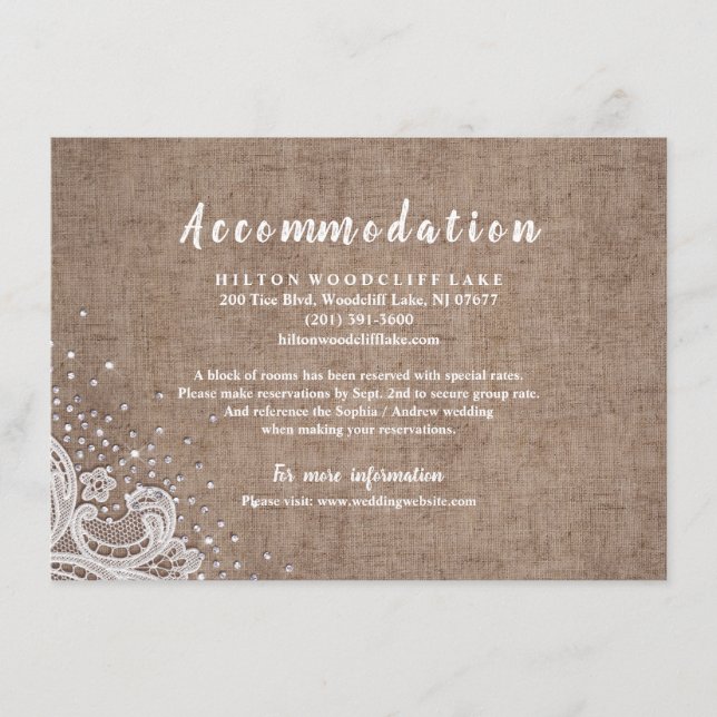Rustic lace and wood blush glitter accommodation enclosure card (Front)