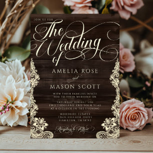 Rustic Lace and Wood Script Calligraphy Wedding Invitation