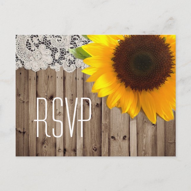 rustic lace barn sunflower country wedding rsvp invitation postcard (Front)