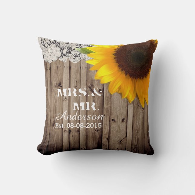 rustic lace barn wood sunflower country wedding cushion (Front)