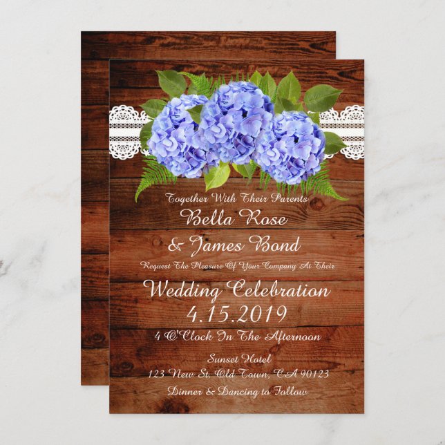 Rustic Lace Blue Hydrangea Wedding Invitation (Front/Back)