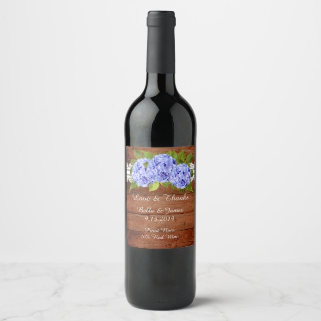Rustic Lace Blue Hydrangea Wedding  Wine Label (Front)