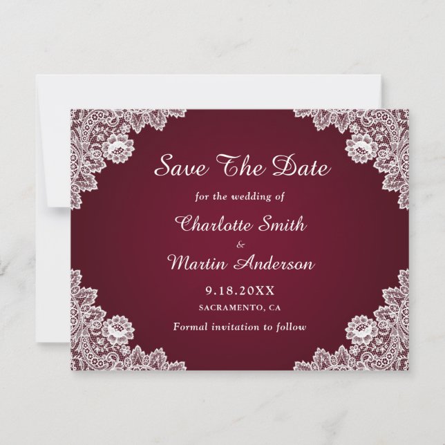 Rustic Lace Burgundy Wedding Save The Date Cards (Front)