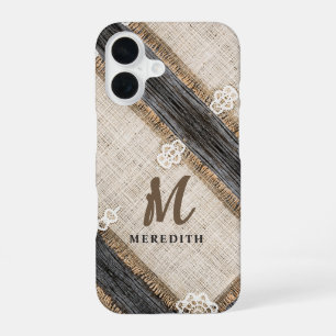 Rustic Lace Burlap Barn Wood Elegance Monogram iPhone 16 Case