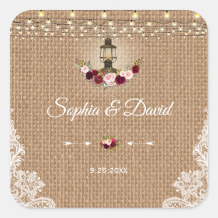 Rustic Lace Burlap Lantern String Lights Wedding Square Sticker