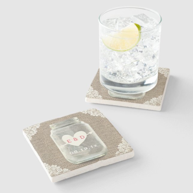Rustic Lace & Burlap Mason Jar Wedding Stone Coaster (Side)