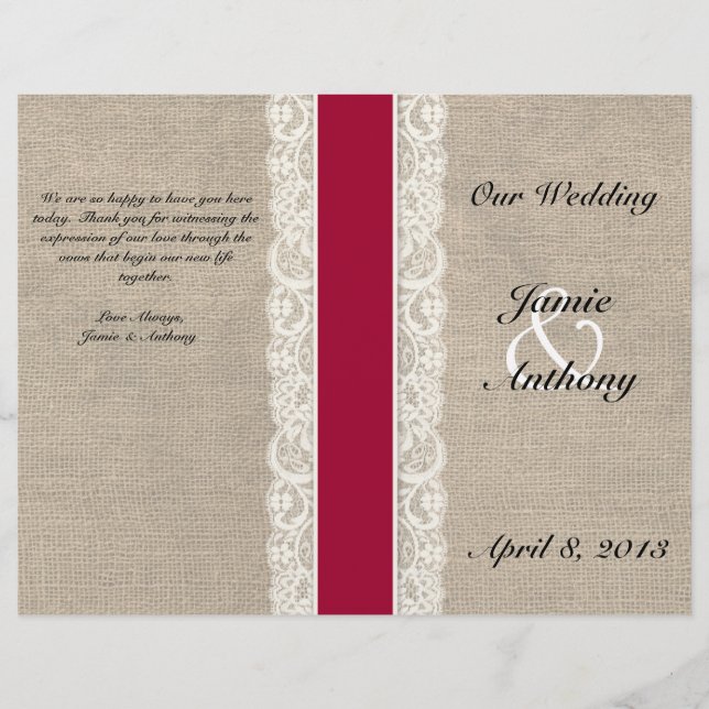 Rustic Lace & Burlap Red Ribbon Wedding Program (Front)