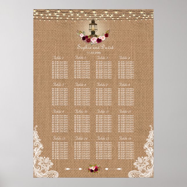 Rustic Lace Burlap String Lights Seating Chart (Front)