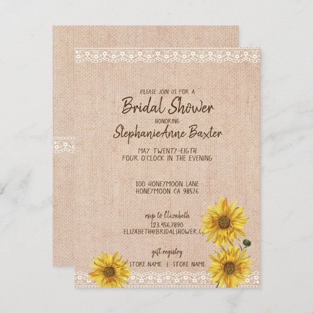 Rustic Lace & Burlap Sunflowers Bridal Shower Card (Front/Back)