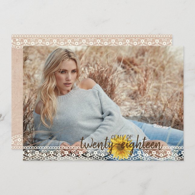 Rustic Lace & Burlap Sunflowers Graduation Card (Front/Back)