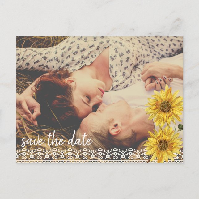 Rustic Lace & Burlap Sunflowers Save the Date Announcement Postcard (Front)