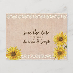 Rustic Lace & Burlap Sunflowers Save the Date Announcement Postcard
