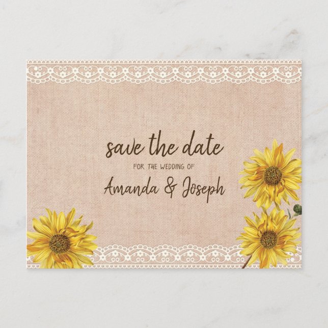 Rustic Lace & Burlap Sunflowers Save the Date Announcement Postcard (Front)