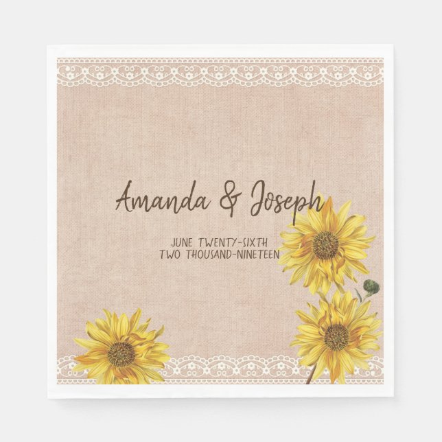 Rustic Lace & Burlap Sunflowers Wedding Napkins (Front)