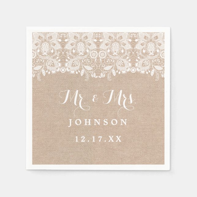 Rustic Lace Burlap Wedding Paper Napkins (Front)