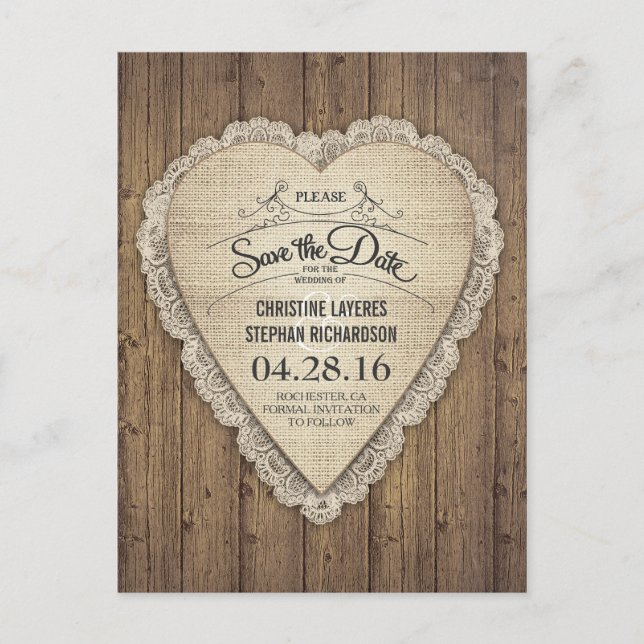 rustic lace burlap wood heart save the date announcement postcard (Front)