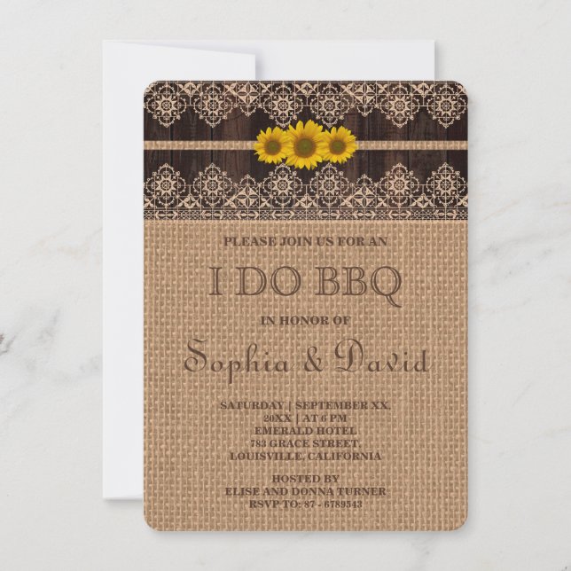 Rustic Lace Burlap Wood I DO BBQ Invite (Front)