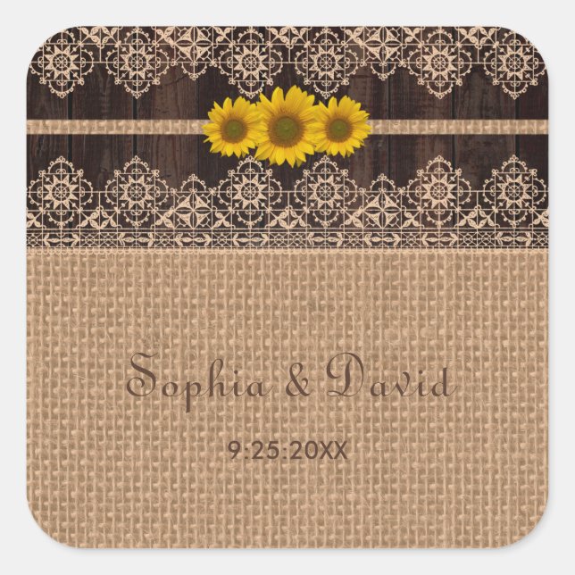 Rustic Lace Burlap Wood Wedding Square Sticker (Front)