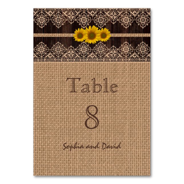 Rustic Lace Burlap Wood Wedding Table Number (Front)