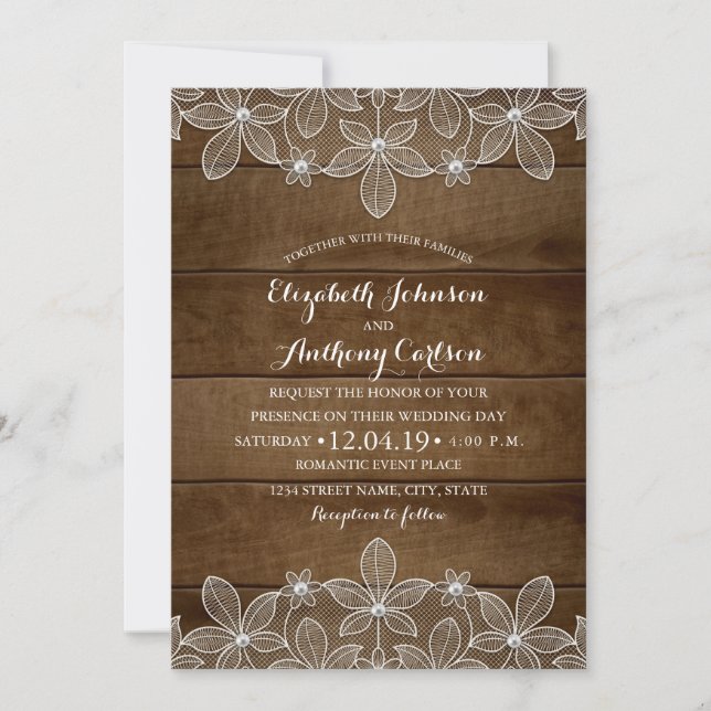 Rustic Lace Country Wood Vintage Luxury Wedding Invitation (Front)