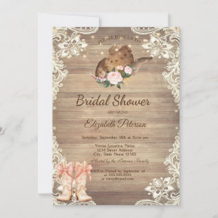 Rustic Lace Cowboy Hat Boots Bow Bridal Shower Invitation