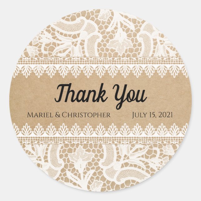 Rustic Lace Custom Thank You Classic Round Sticker (Front)