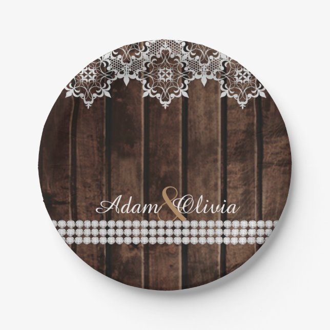 Rustic Lace & Diamonds Wedding Paper Plate (Front)