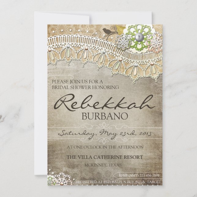 Rustic Lace Distressed Bridal Shower Invite (Front)