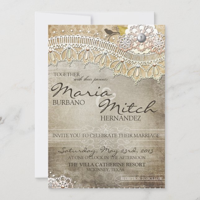 Rustic Lace Distressed Wedding Invitation (Front)