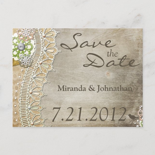 Rustic Lace Distressed Wedding Reception Save the Announcement Postcard (Front)