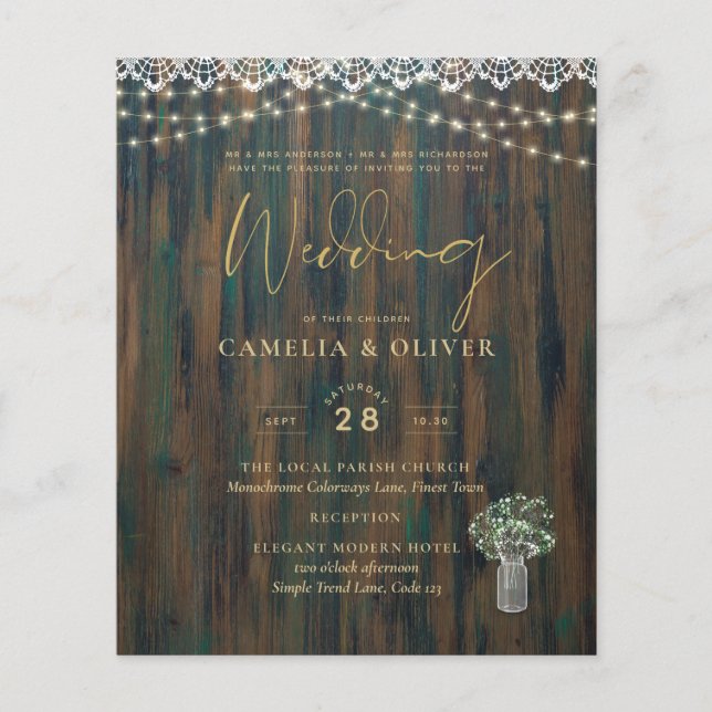 Rustic Lace Gypsophila Lights Mason Jar Wedding Flyer (Front)