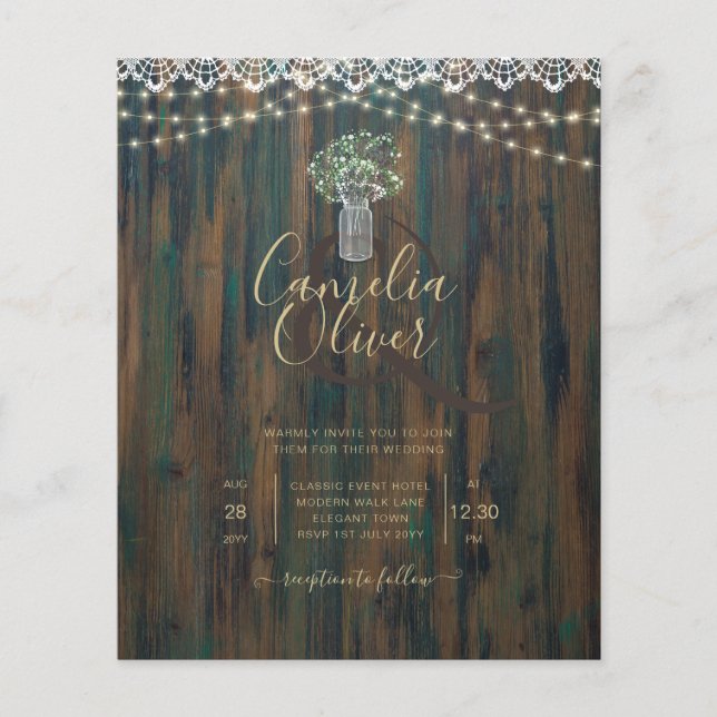 Rustic Lace Gypsophila Lights Mason Jar Wedding Flyer (Front)
